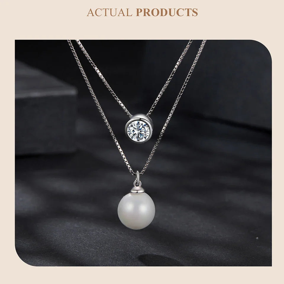 Moissanite Pearl Necklaces for Women, Dainty 925 Sterling Silver Choker Double Layer Necklace Elegant Jewelry Necklaces