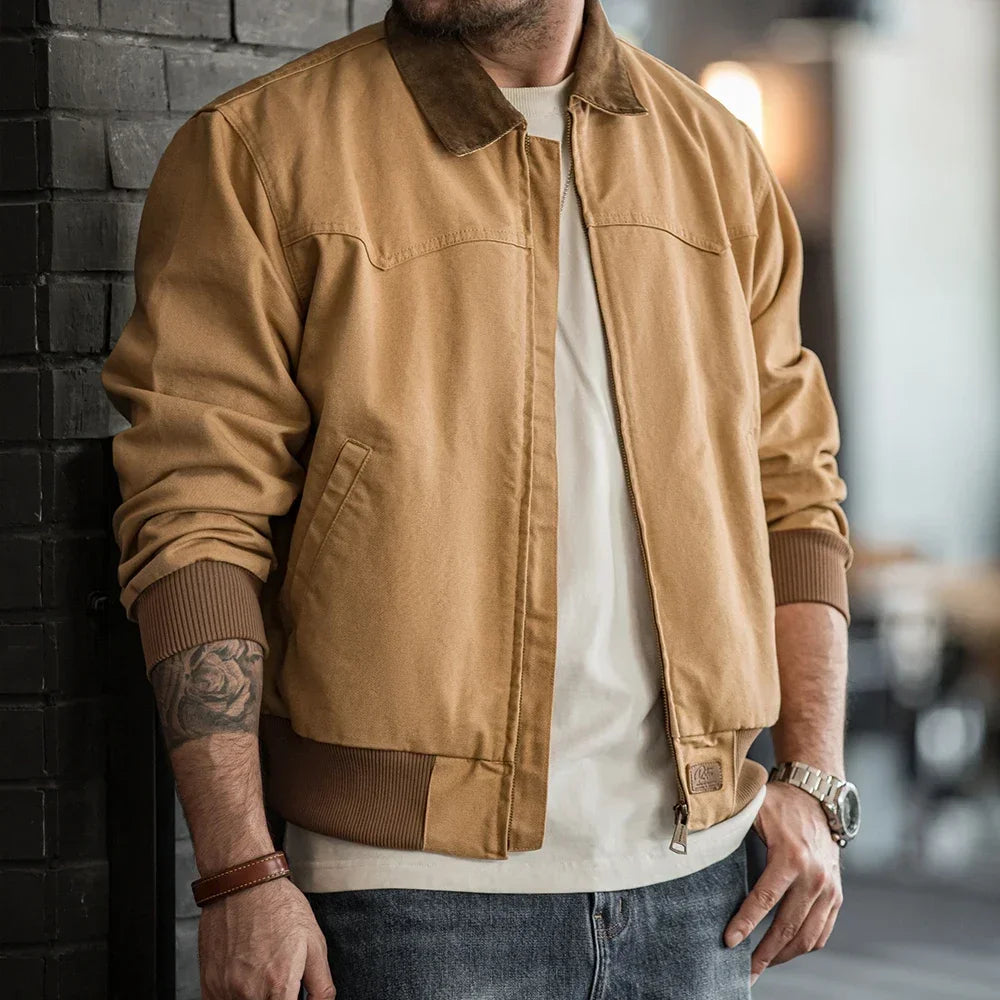 Retro Heavyweight Santafe Canvas Jackets Cotton Corduroy Lapel Ribbed Hem Cuffs Short Jacket for Men's Autumn Overcoat