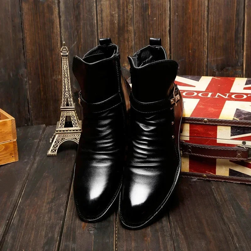 Chelsea Boots Men's High Top Leather Shoes Men Zipper Boot Pointed Ankle Boots Men's Motorcycle Boots Buckle Strap Winter Botas