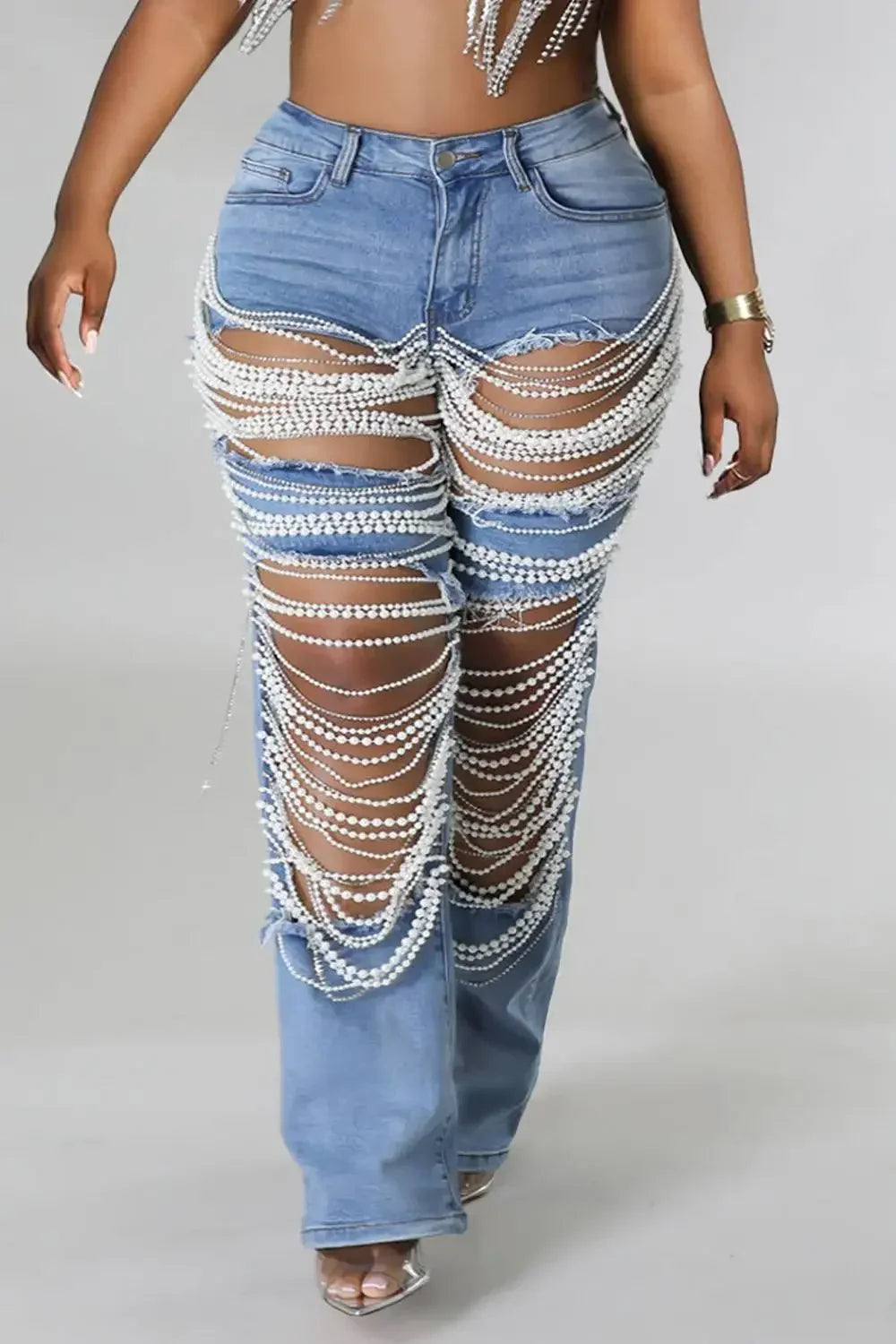 Plus Size Women Holes Pearls Casual Jeans