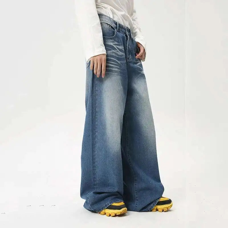IEFB High Street Men's Jeans New Summer Water Washed Folded Draping Wide Leg Trendy Denim Pants Spring Casual Straight 9C6100