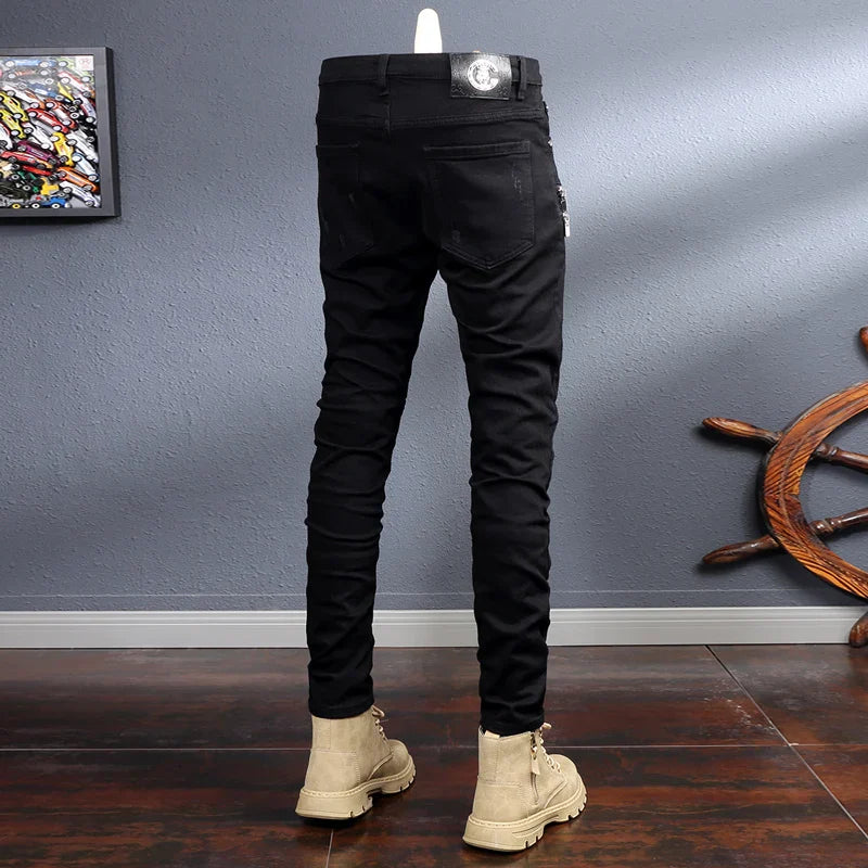 Men Elastic Slim Fit Destroyed Ripped Jeans