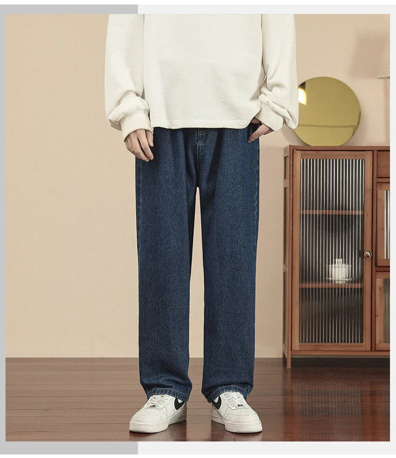 2023 New Korean Fashion Men's Casual Ankle-Length Jeans Classic Man Straight Denim Wide-leg Pants Light Blue Grey Black 3XL