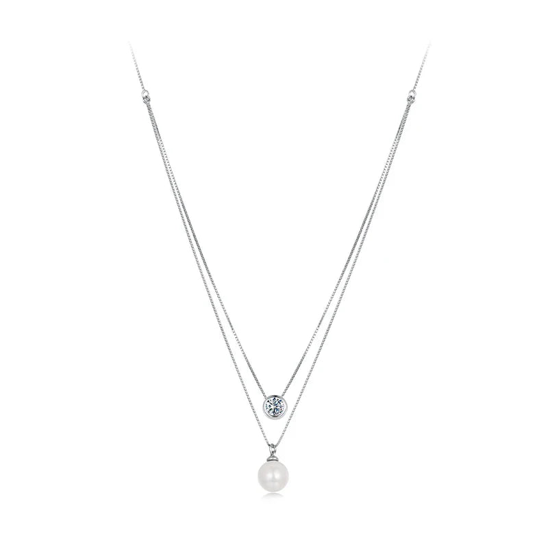 Moissanite Pearl Necklaces for Women, Dainty 925 Sterling Silver Choker Double Layer Necklace Elegant Jewelry Necklaces