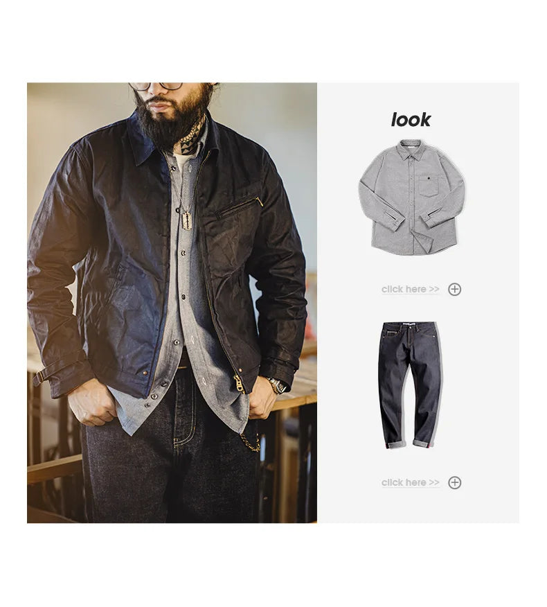 Men's Vintage IV Oil Waxed Canvas Jacket Lapel Zipper Short Outerwear Classic Slim Fit for Men's Spring and Fall Jacket