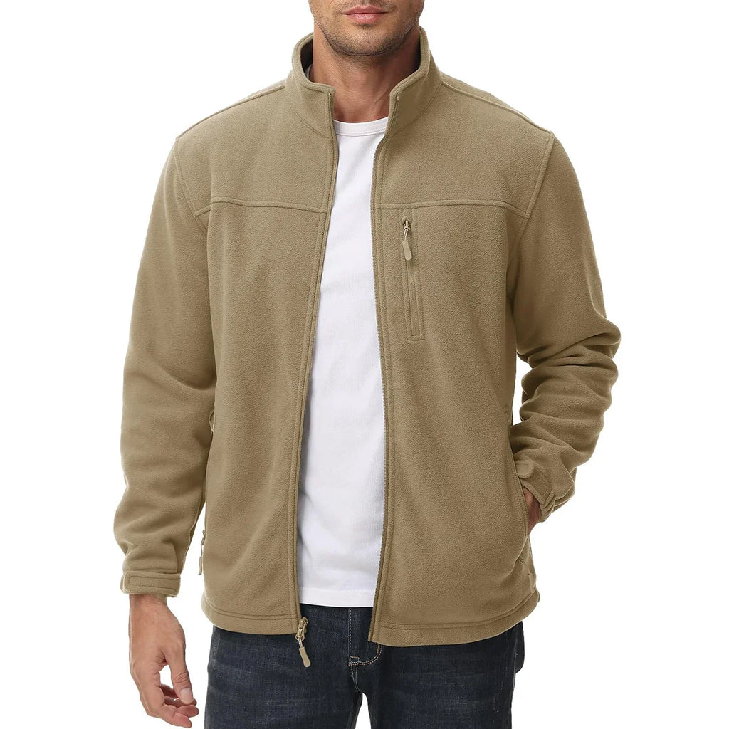 Men's Thermal Warm Fleece Jacket Stand Collar Full Zip Windbreaker Multiple-pockets Outerwear Working Hiking Coat