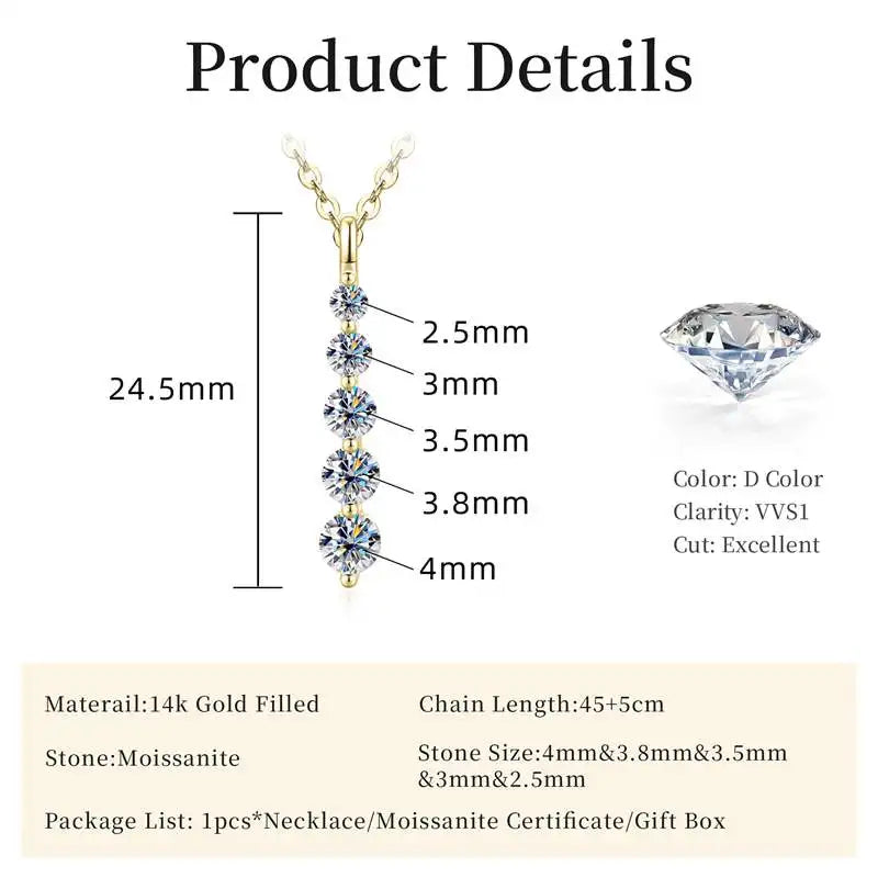 Brilliant 5-Stone Moissanite Necklace 14K Gold Filled Long Drop Pendant Necklace for Women Female Jewelry Accessories