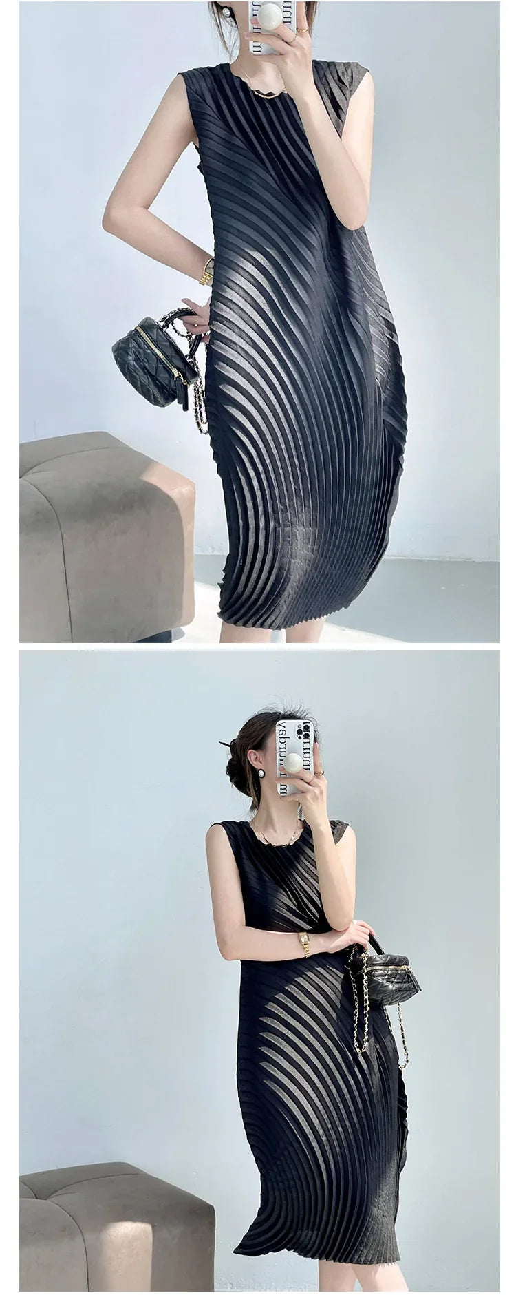 Hand Circle Pleated Sleeveless Dress Designer Long Round Neck Elegant Loose Summer Korean Style Aesthetic Clothes