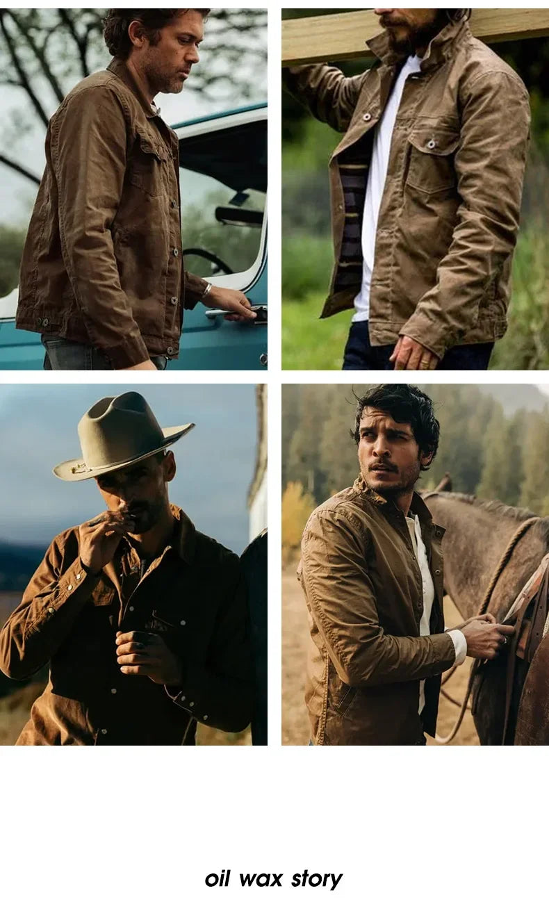 Amekaji Retro Male Oil Waxed Jacket Canvas Cotton Khaki Military Uniform Light Casual Work Safari Style Coats Man Clothing