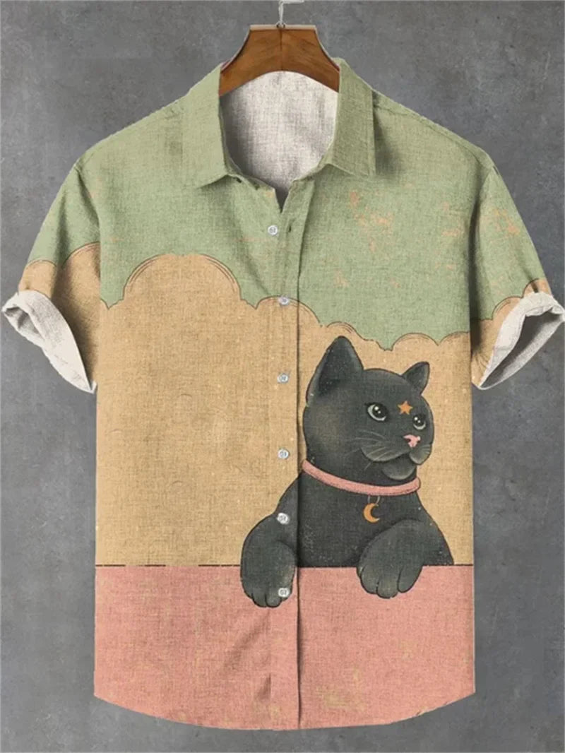 Short sleeved high-end shirt top printed street party social fashion 2024 men's shirt plus size elegant and handsome dog