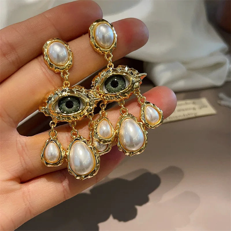 French Style Exaggerated Big Eyes Long Earrings Fashion Pearl Water Droplets Earring
