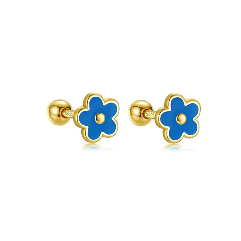 925 Sterling Silver Romantic White Enamel Flower Screw Bead Stud Earrings for Women Fashion Simple Piercing Jewelry Gift