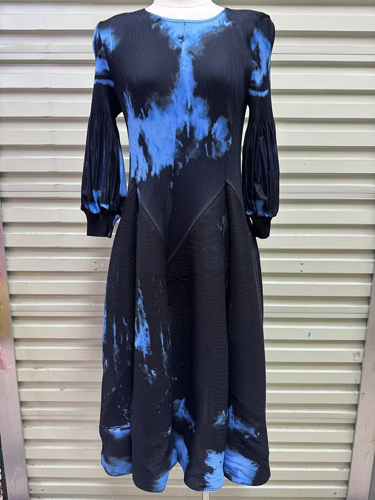 Miyake Pleated Dresses 2026 Autumn New Gentle French Print Elegant Stretch Plus Size Women's Long Sleeve Bounce Flower Bud Dress
