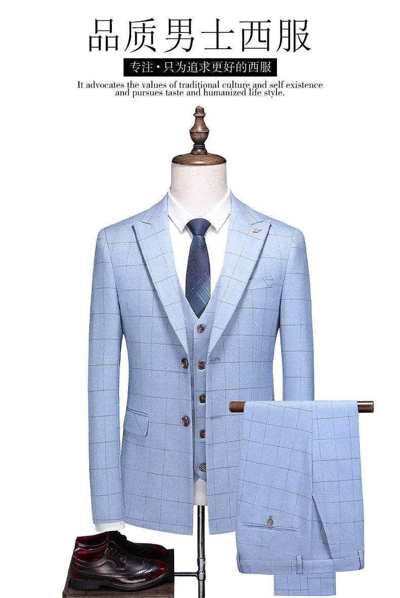 ( Jacket + Vest + Pants ) Fashion Boutique Plaid Mens Casual Business Suit Groom Wedding Dress Formal Slim Plaid Suit