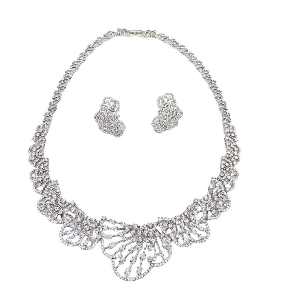 Famous Brand Super Luxury Fan-shaped Design Women Wedding Naija Bridal Cubic Zirconia Necklace Dubai Dress Jewelry Set