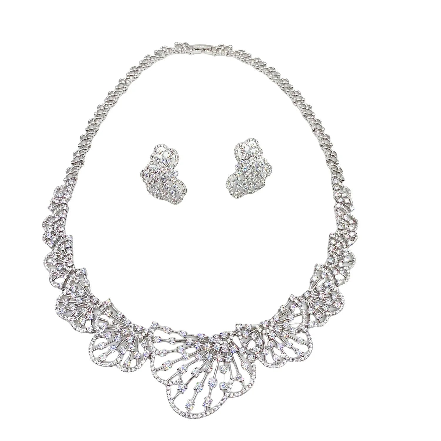 Famous Brand Super Luxury Fan-shaped Design Women Wedding Naija Bridal Cubic Zirconia Necklace Dubai Dress Jewelry Set