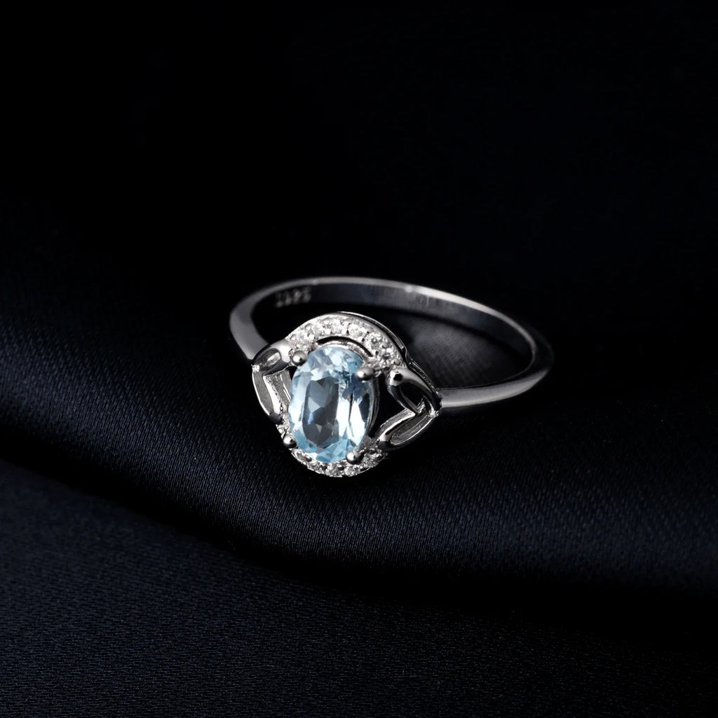 Oval Genuine Natural Sky Blue Topaz 925 Sterling Silver Rings for Women Fashion Gemstone Engagement Ring Band