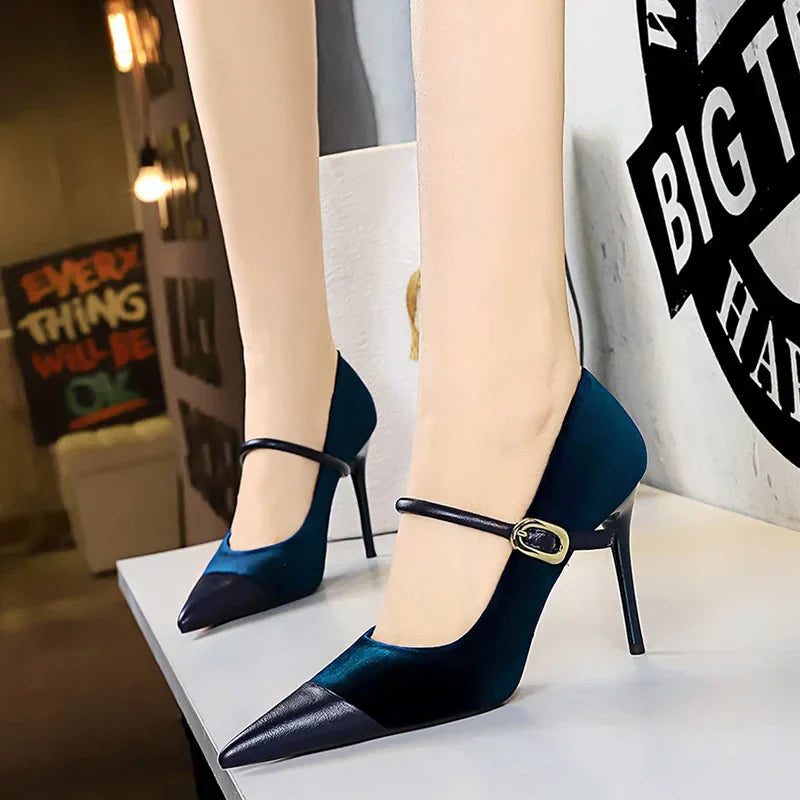 Korean Version Party 10cm 7cm High Heels Women Shoes Thin Heels Velvet Shallow Montage Pointed Toe Metal One-line Buckle Pumps
