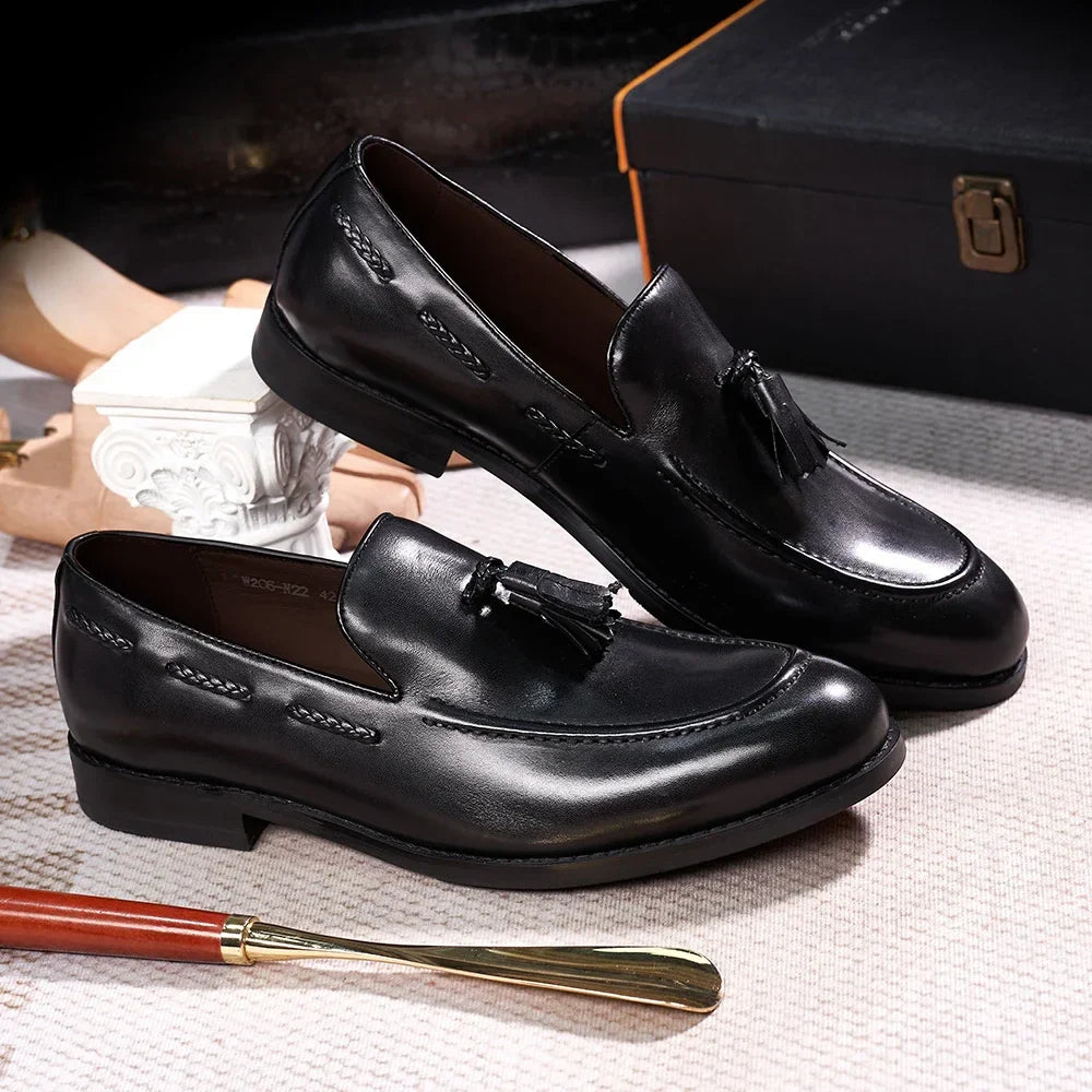 Classic Men's Genuine Leather Tassel Loafers Handmade Slip-On Casual Shoes Comfortable for Office Wedding Dressing Daily Wear