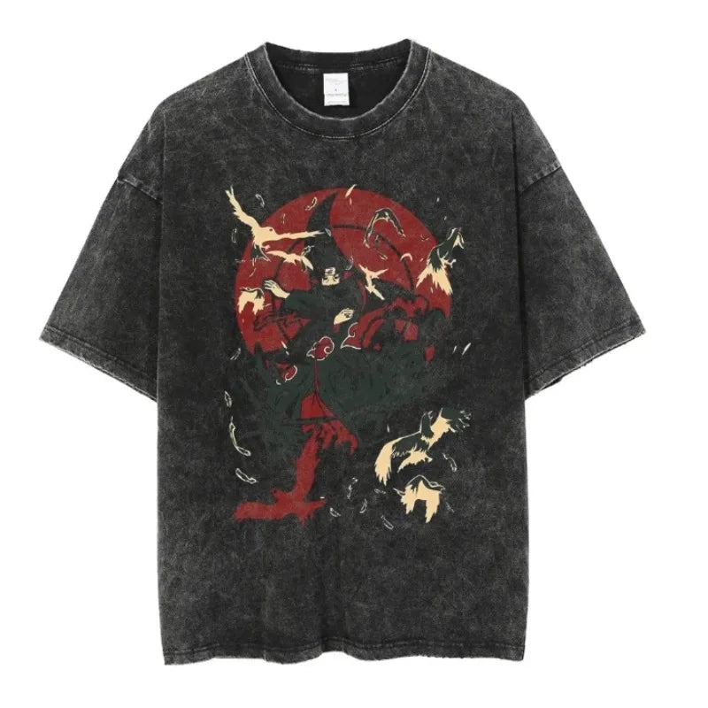 Men's oversized Uchiha Sasuke anime printed cotton T-shirt retro washed street wear summer casual 2025 summer anime fans
