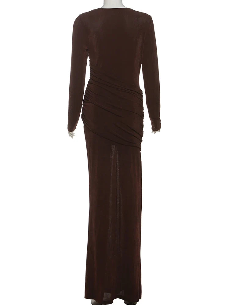 Sisterlinda Folds Maxi Dress Women O-Neck Full Sleeve Solid Banquet Elegant Vacation Fashion Autumn Skinny Casual Simple Vestido