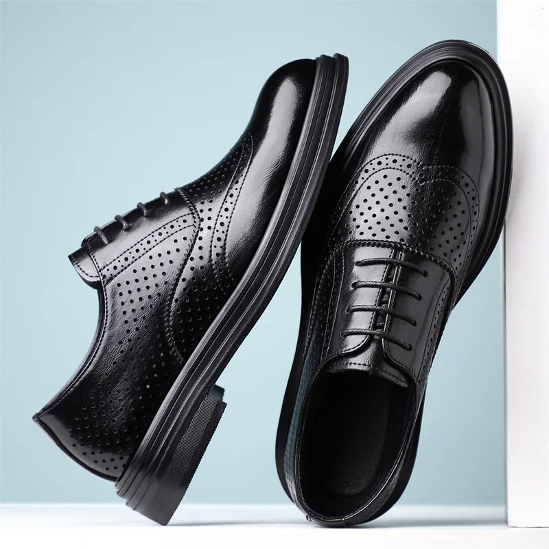Spring Summer Hallow Leather Shoes for Men 3 6 8cm Increase Fashion Dress Shoes Male Black Business Casual Shoes Man