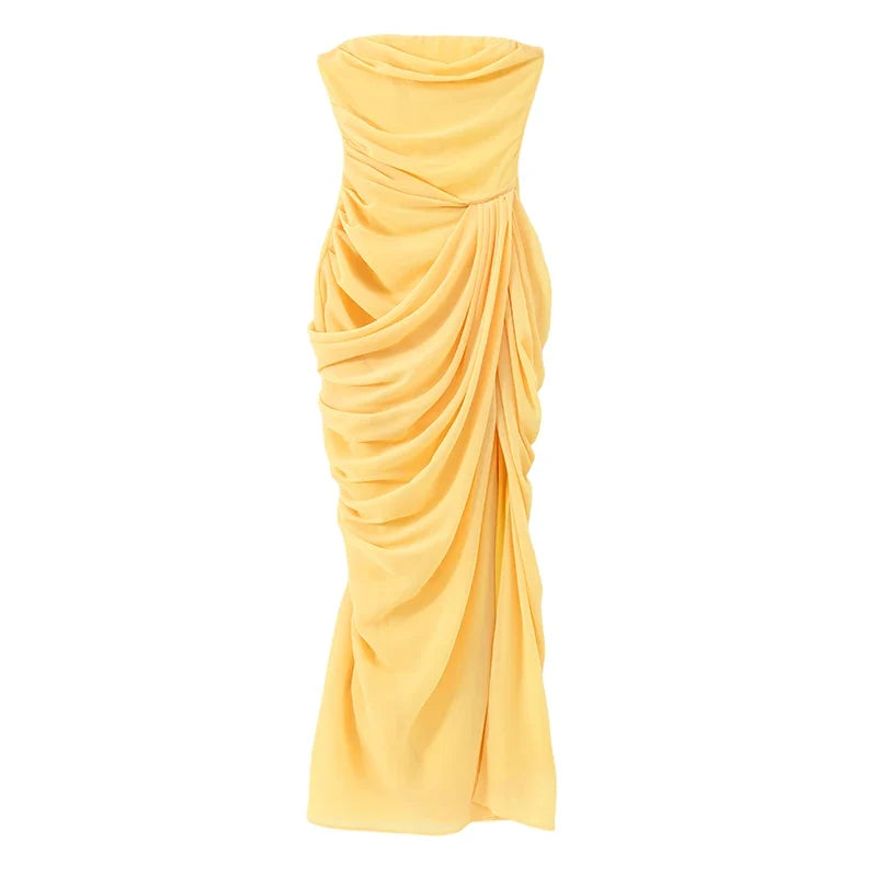Elegant Solid Pleated Strapless Maxi Dress Yellow Off-shoulder Backless High Waist Split Robe 2026 New Lady Evening Party Gown