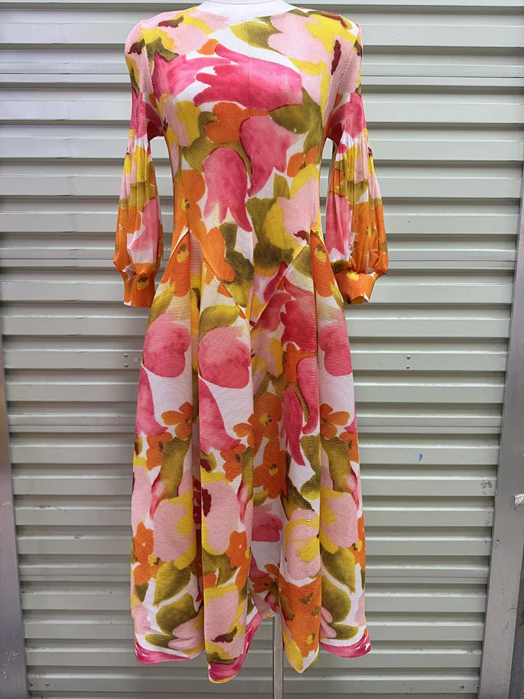 Miyake Pleated Dresses 2026 Autumn New Gentle French Print Elegant Stretch Plus Size Women's Long Sleeve Bounce Flower Bud Dress