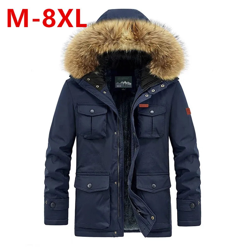 رجالي مقاس كبير 8XL معاطف رجالية بغطاء رأس عصرية سميكة للرجال معطف شتوي سميك دافئ بغطاء رأس جاكيت رجالي شتوي مقاوم للرياح