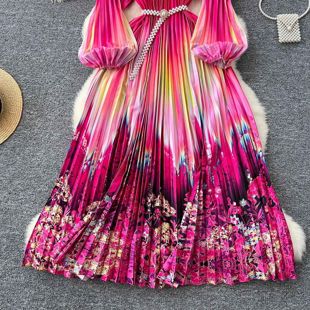 High-End Women's Dr Faionable Beaded round Ne Hollow out Pleated Lantern Sve Waist Cinched Floral Print Lon...