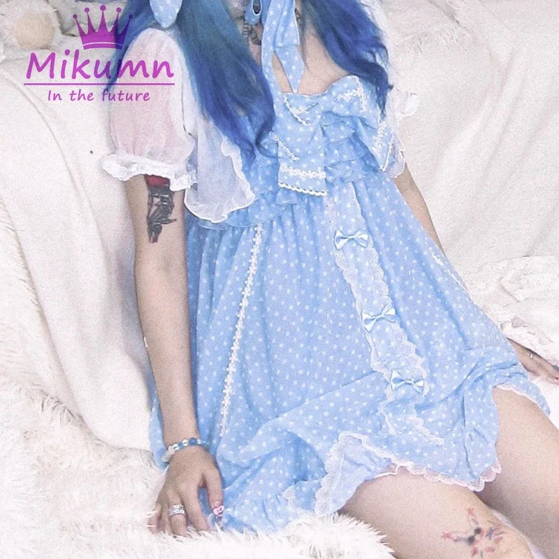 Gothic Girls Vintage Pink Polka Dot Dress Harajuku Japanese Y2k Black Bow Kawaii Women Sleeveless Strap Mini Dresses