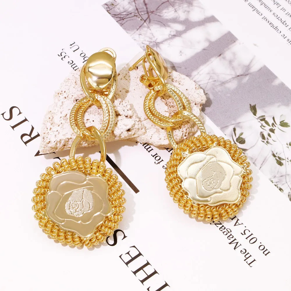 4Pcs Gold Color Rose Jewelry Set Exaggeration Big Drop Necklace Super Large Bracelet Long Earring Ring For Women Gift