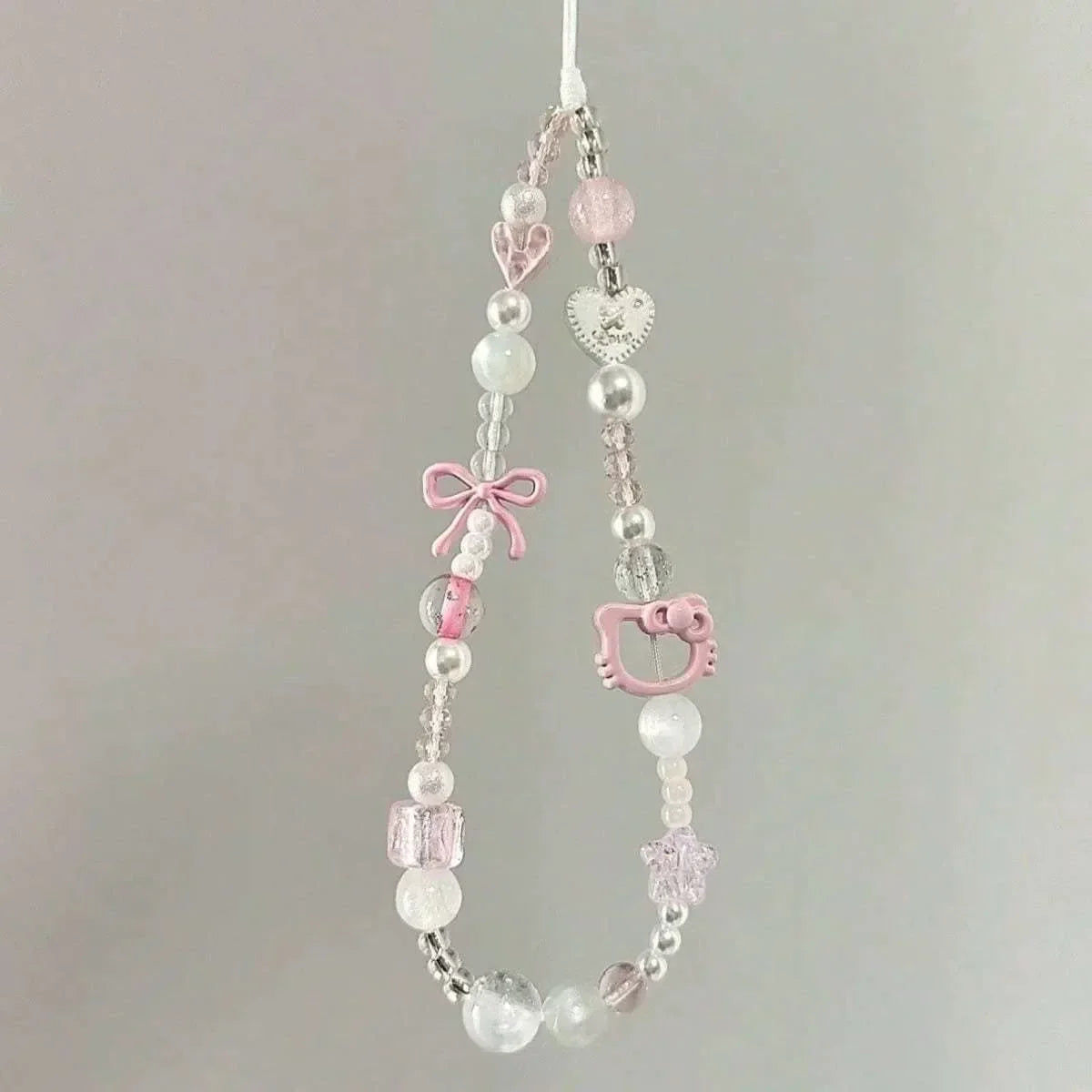Cute Sanrio Hello Kitty Cat Pink Phone Chain Beaded Chain Keychain Jewelry Camera Hanging Rope Cartoon Kitty Phone Strap Gift