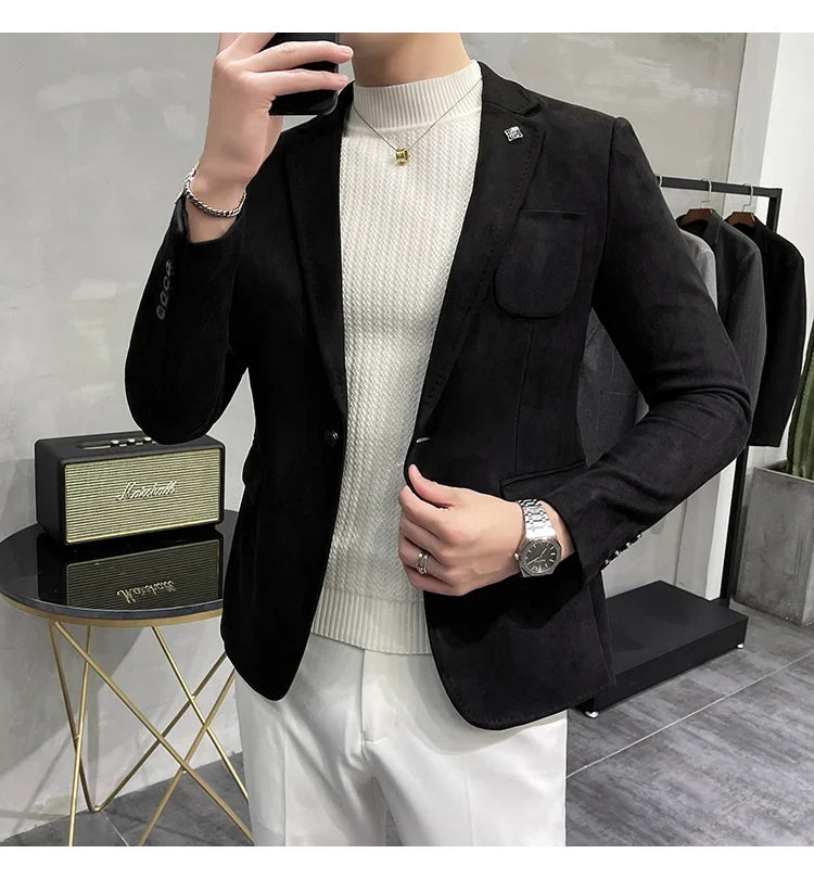Plus Size 4XL-M Autumn Deerskin Velvet Jackets Blazer 6 Color Men Business Slim Blazers Hommes Casual Wedding Tuxedo Suit Coat