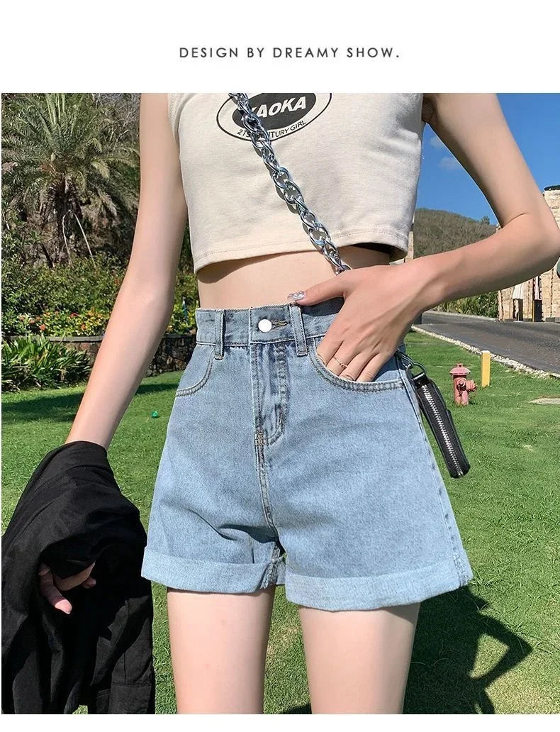 Summer Thin Style Korean Version High Waist Slimming Denim Shorts for Women Loose Line Outer Wear Rolled Edge Wide Leg Hot Pants