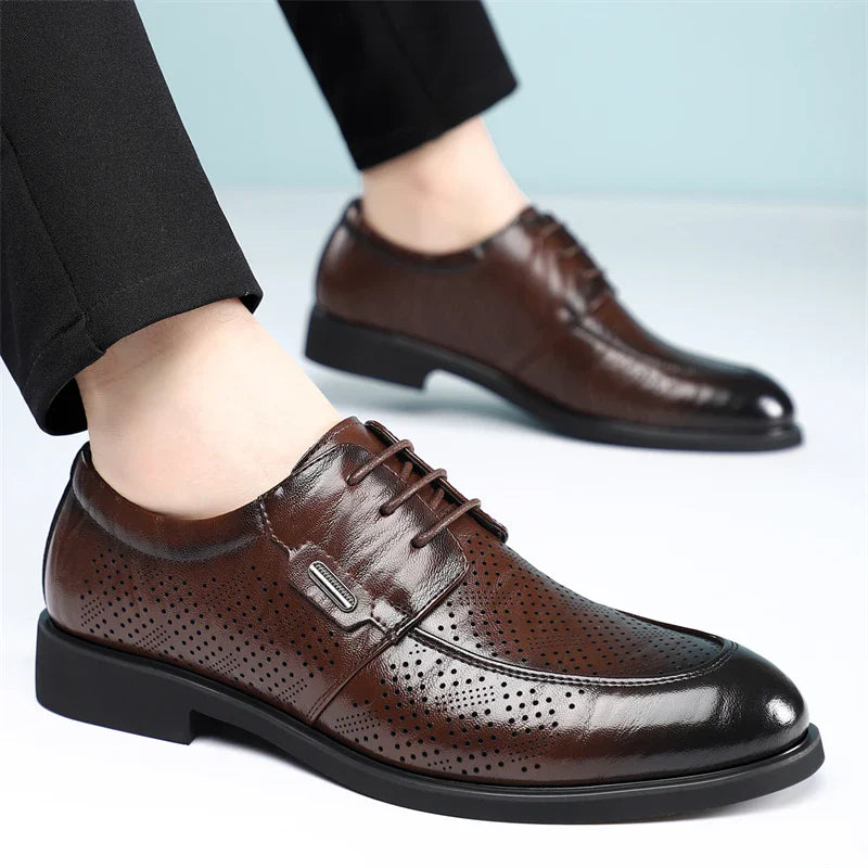 Men's Summer Breathable Leather Shoes Comfortable Soft Bottom Hollow Design Business Formal Derby Shoes British Style-SJ551-1