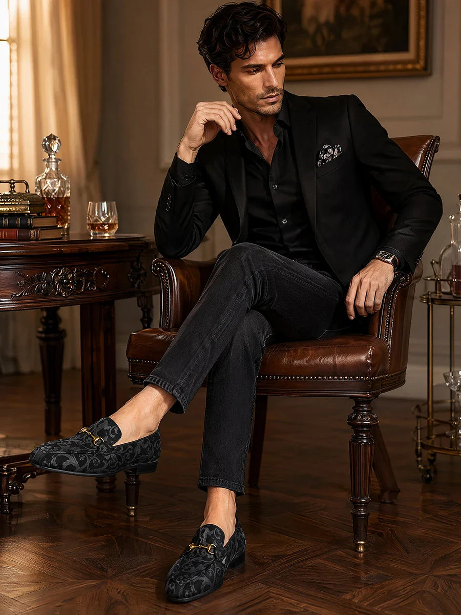 Piergitar Retro Style High-End Custom-Made Baroque Jacquard Velvet Men's Loafers With Horsebit Buckle Slip-On Smoking Shoes