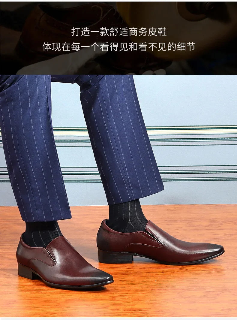 Top Layer Cowhide Shoes Men's Shoes Genuine Leather Business Dress Shoes Men British Pointed Toe Formal Slip-On Shoes