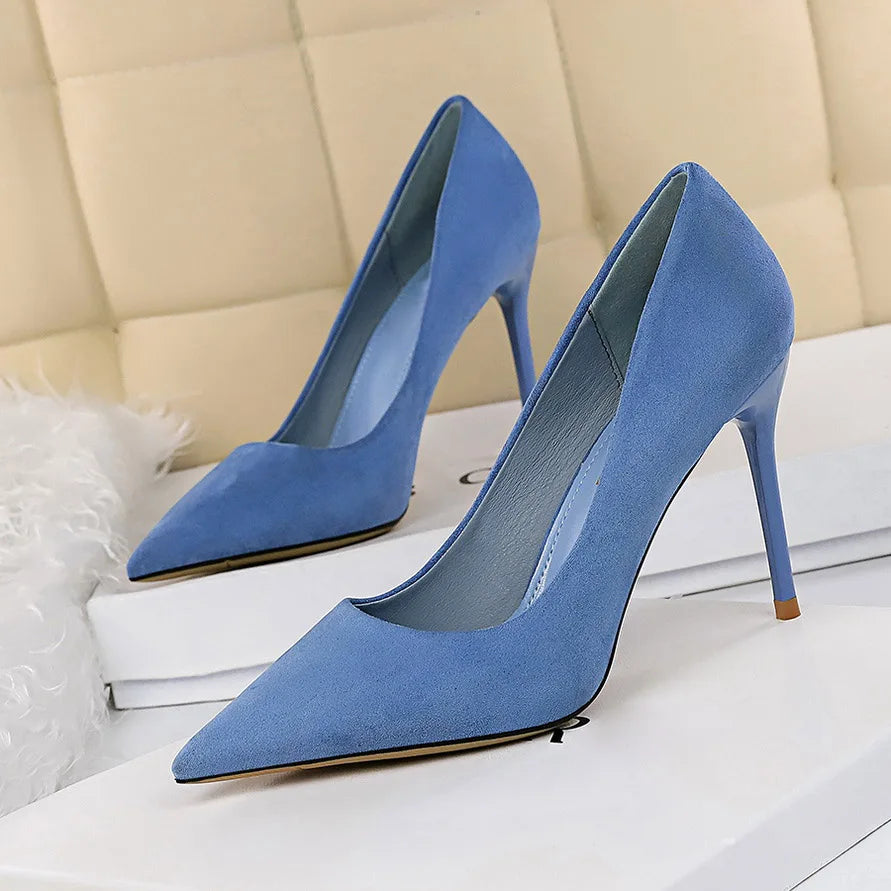 Women 9cm High Heels Pumps Stripper Flock Suede Plus Size Escarpins Lady Wedding Bridal Heels Escarpins Green Blue Yellow Shoes