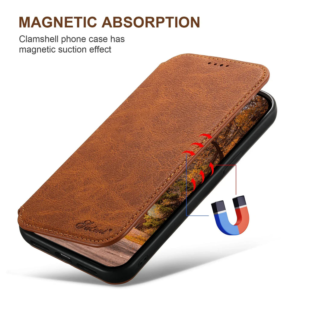 SUTENI Compatible Wireless Charging Leather Phone Case For iPhone 12 13 14 15 16 Plus 17 Pro Max Flip Cover Wallet Card Holder