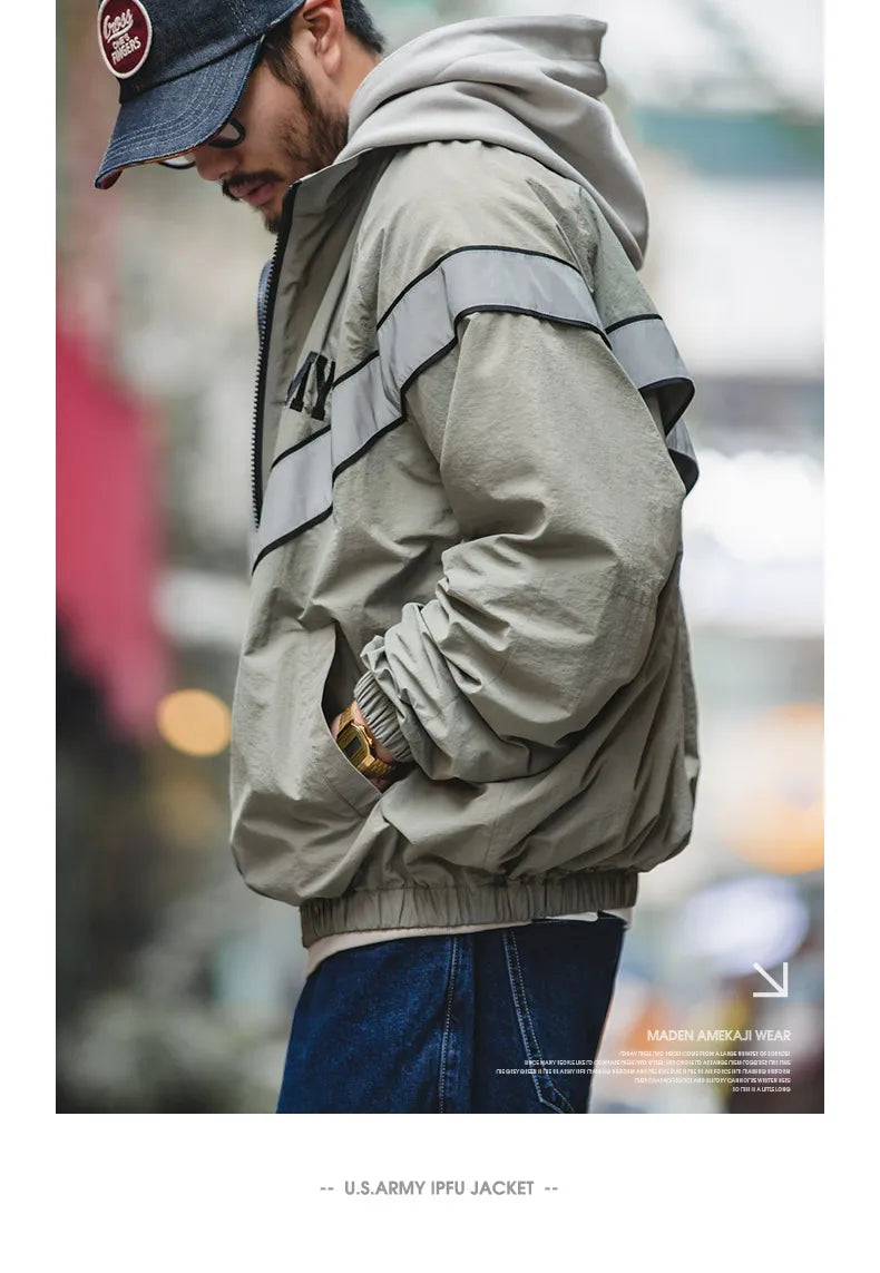 ARMY Reflective Hooded Contrasting Color Bomber Jacket Sports Quick-drying Jacket Loose IPFU Training Suit for Men's Daily