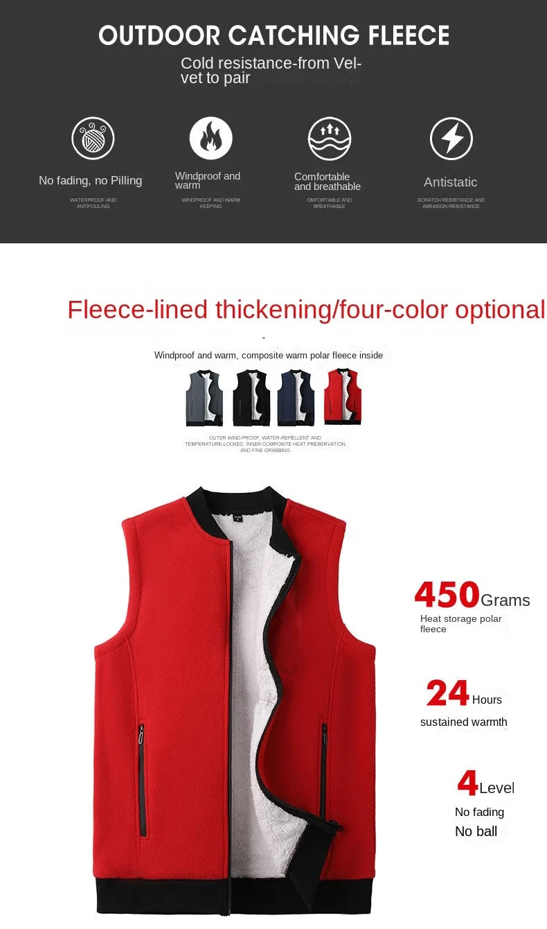Men Winter Vest Sleeveless Stand Collar Solid Color Fleece Thick Keep Warm Plus Size Neck Protection Winter Waistcoat for Daily