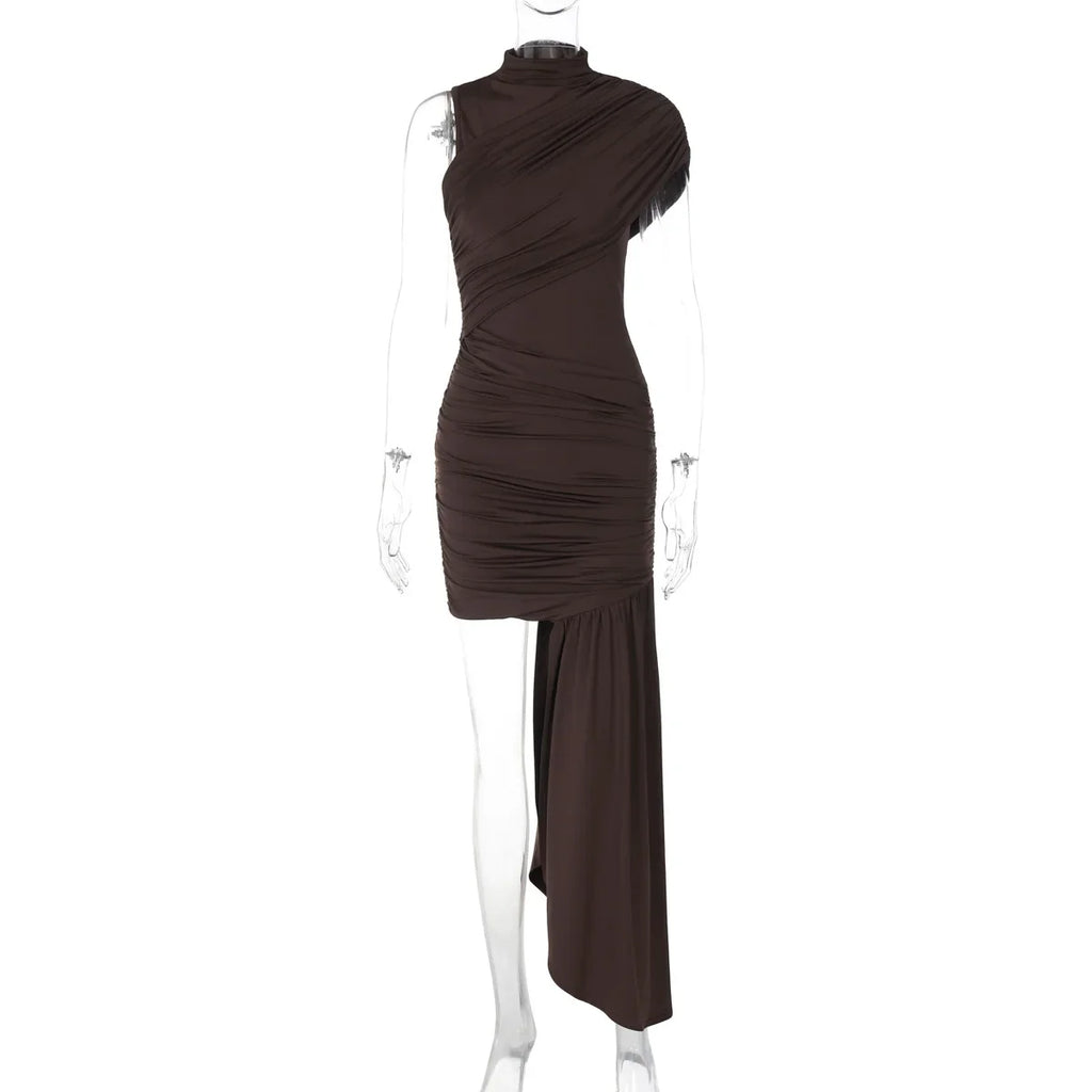 Irregular Draped Ruched Sexy Mini Dress For Women Turtleneck Sleeveless Pleated Slim Party Dress Female Holiday Beach Dresses