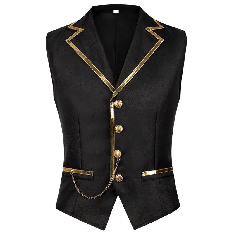 British Style Men Red Sleeveless Vest Jacket, Thin Single Button V-neck Waistcoat, Gold Striped Patchwork.