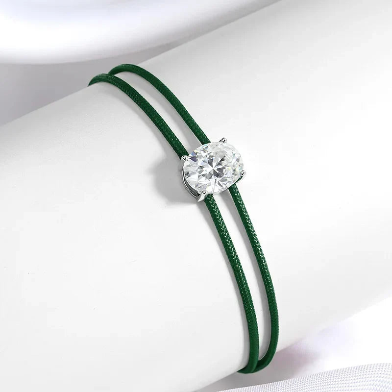 3CT Oval Cut Moissanite Braided Cord Bracelets for Women Men Adjustable Sliding-Knot Dainty Pure S925 Silver Chain D VVS1