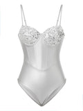 Women's Slim Sleeveless Bodysuit Sparkly Sequin Spaghetti Strap Triangle Romper Leotard Tops