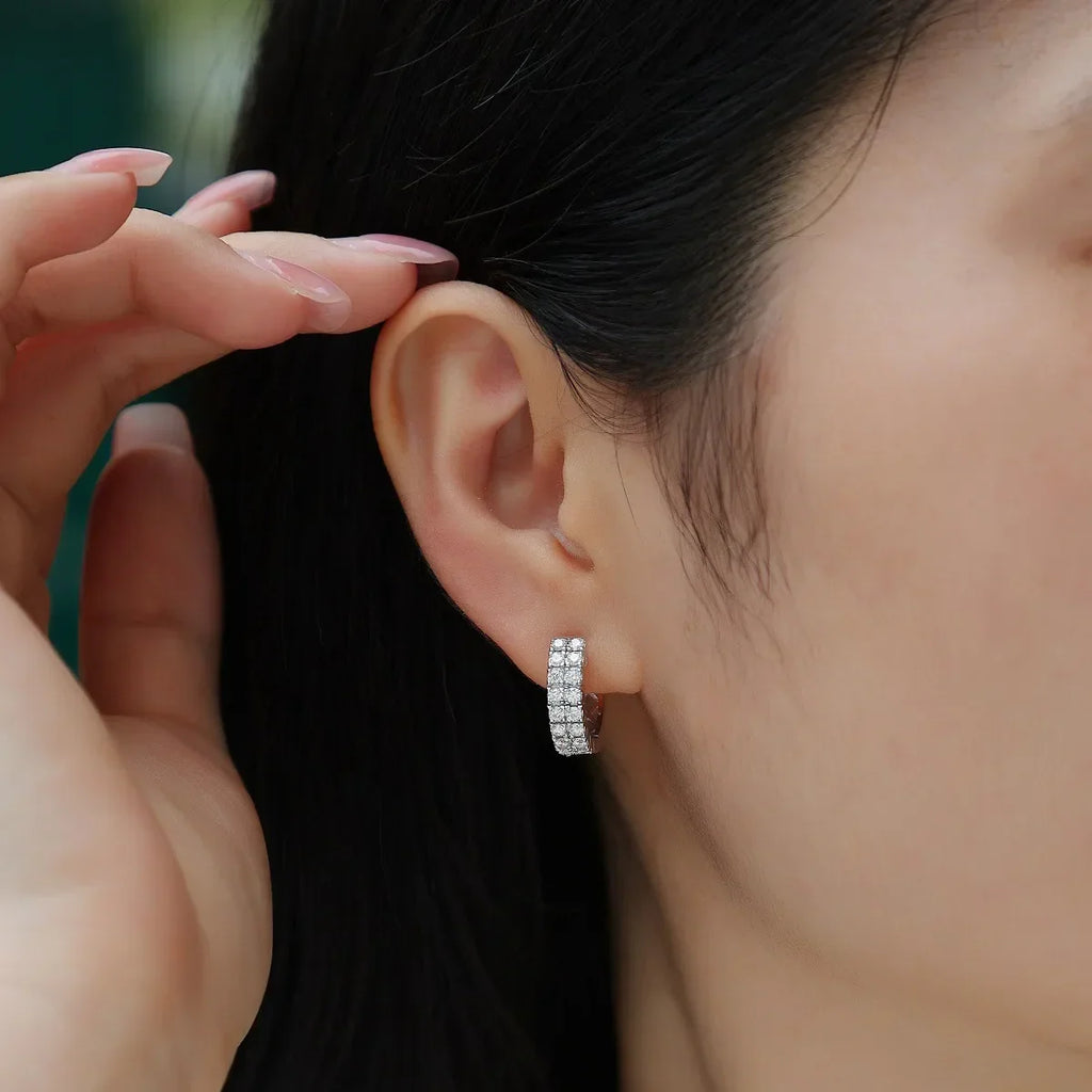 Full 2mm 0.03CT D Color Moissanite Hoop Earrings For Women  S925 Silver Pass Diamond Test Earring 3-Row Small Ear Buckle