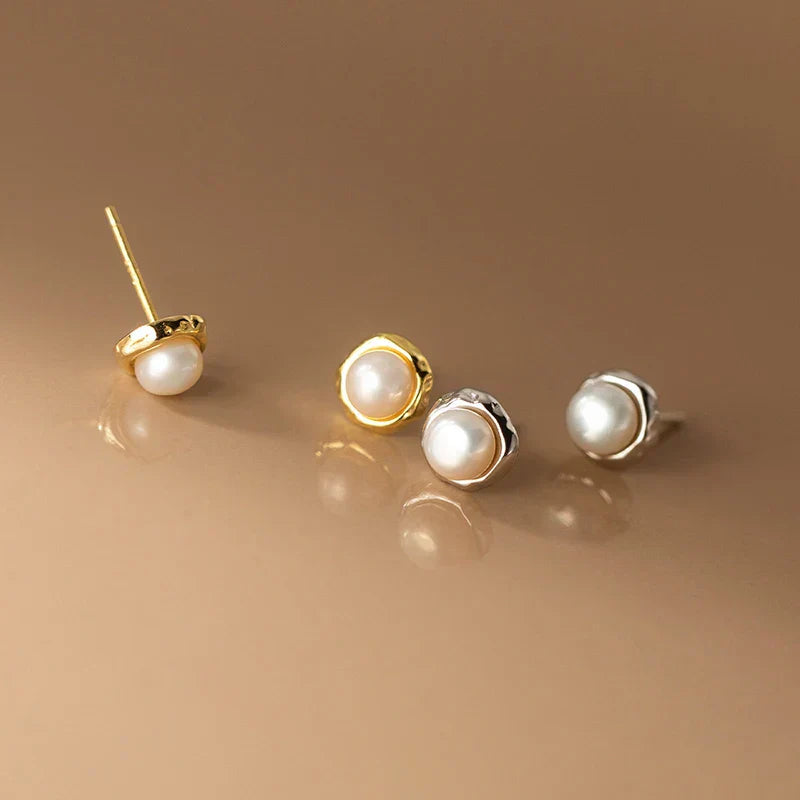 925 Sterling Silver Simple Natural Baroque Pearl Korean Stud Earrings for Women Fashion Moon Surface Statement Jewelry