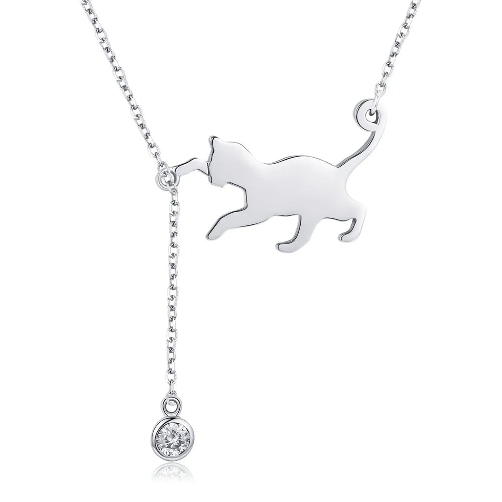 S925 Sterling Silver Cat Necklace Cute Silver Cat Pendant Collarbone Necklace for Women SCN232 3 Colors