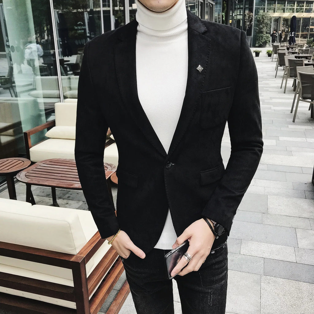 Blazer Hombre Men's Casual Slim Fit Deerskin Velvet Suit Jacket High-quality Korean Luxury Formal Solid Color Suit 6 Colors